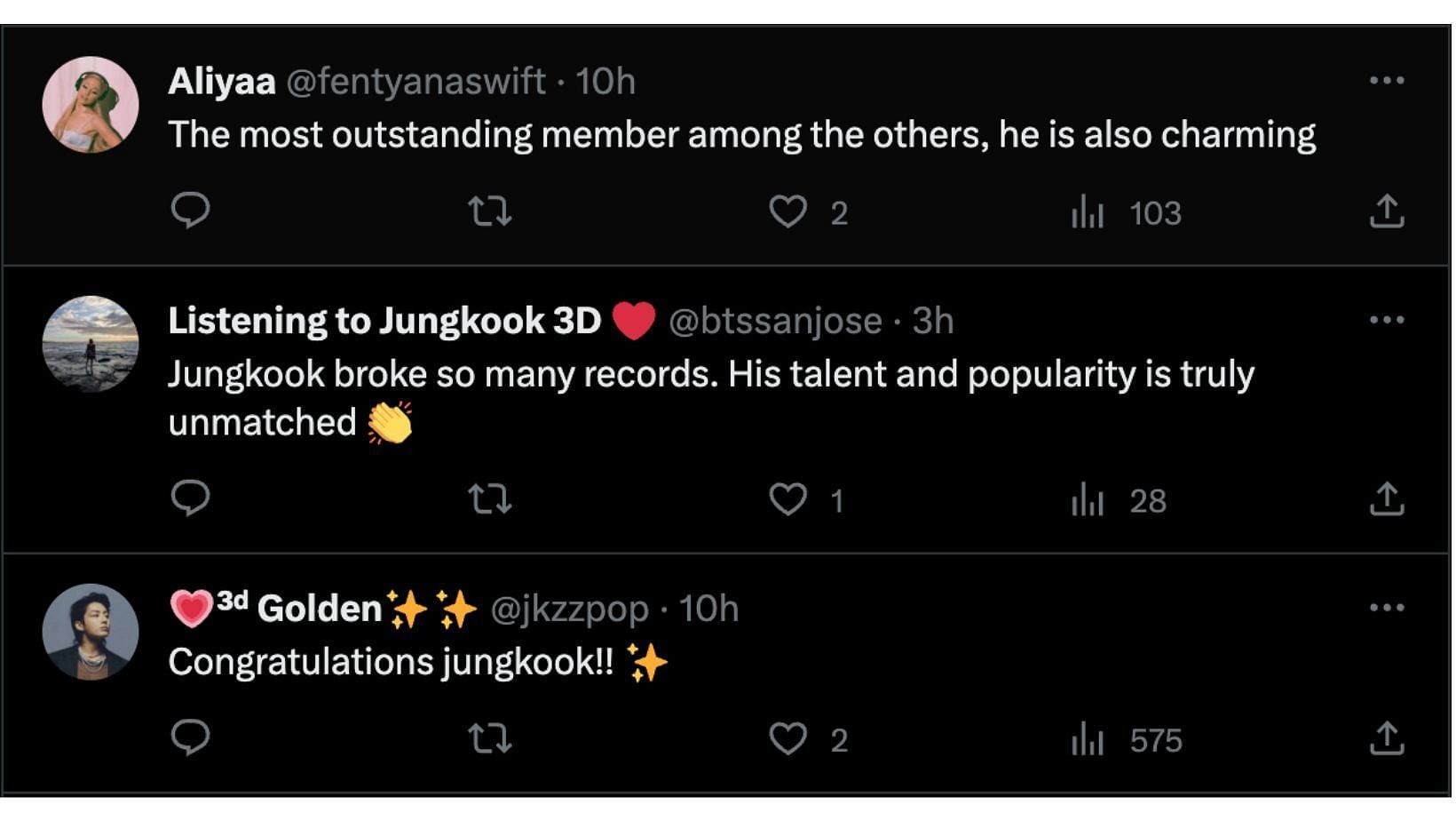 Fans praise the BTS idol for his new feat. (Image via Twitter/@fentyanaswift, @btssanjose & @jkzzpop)